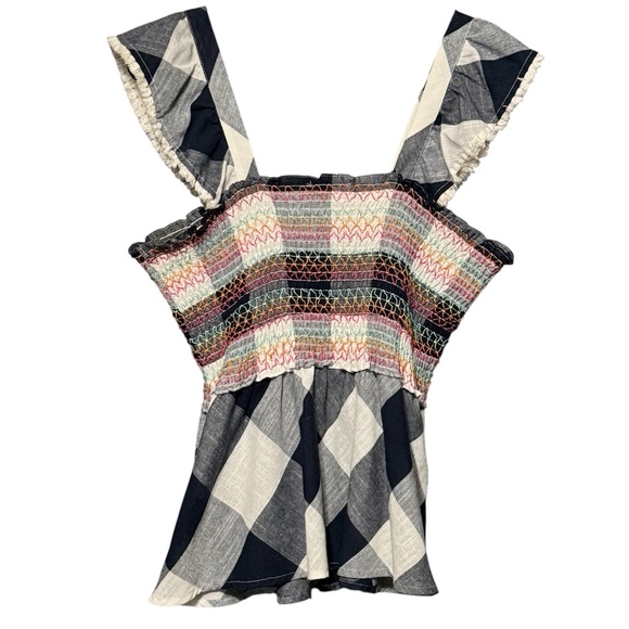 THML Cotton Smocked Bodice Fringe Trim Embroidered Gingham Plaid Sleeveless Top - Picture 6 of 11